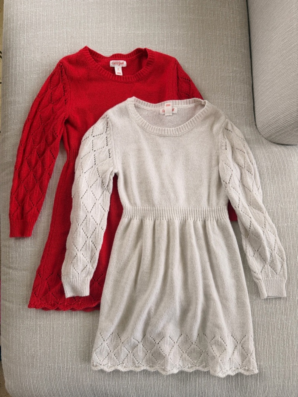 Bundle of Cat & Jack Red & Cream Holiday Knit Sweater Dresses 5T